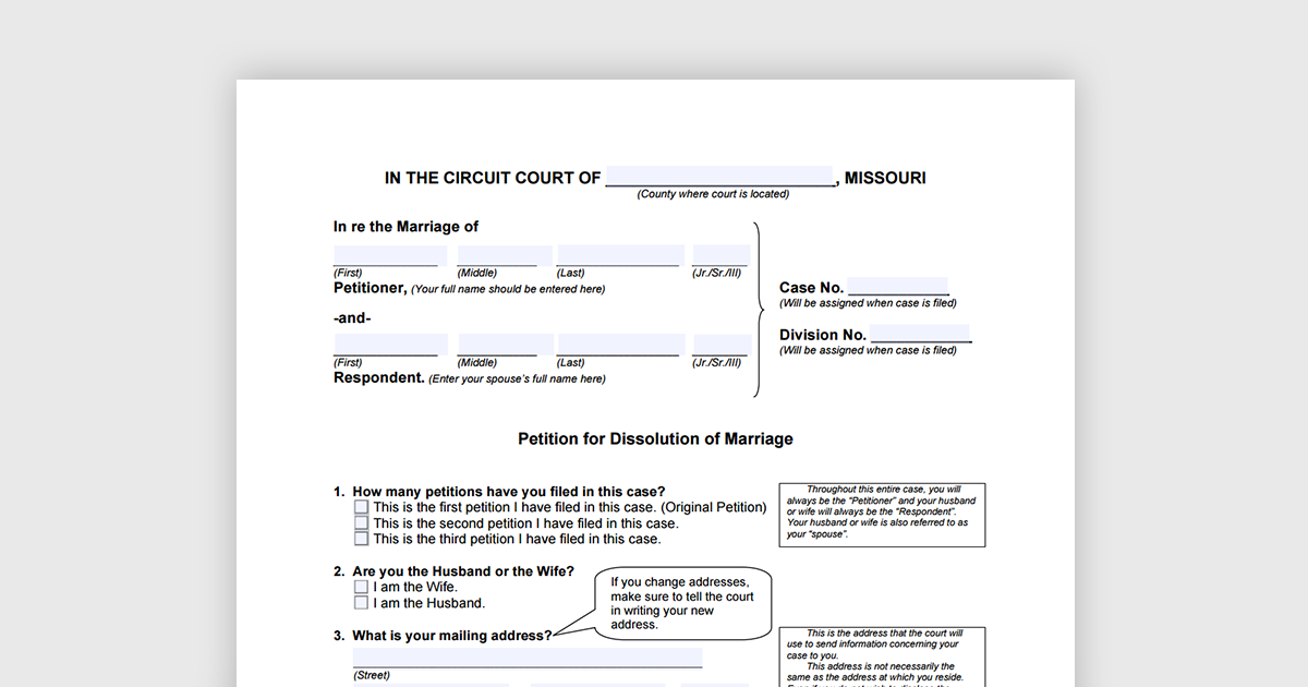 Missouri Petition for Dissolution divorce form